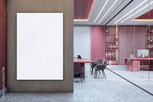 Fototapeta Naklejka Na Ścianę i Meble -  Vertical blank poster mockup on concrete wall in modern pink corporate office with glass divider, stylish furniture, and clean interior design. 3D Rendering