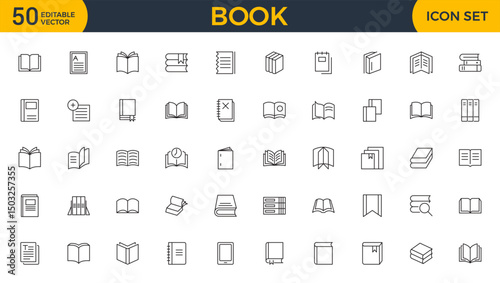 Book line icon collection. School, education, various books, literature, dictionary, audiobook, learning, library and e book icons set.