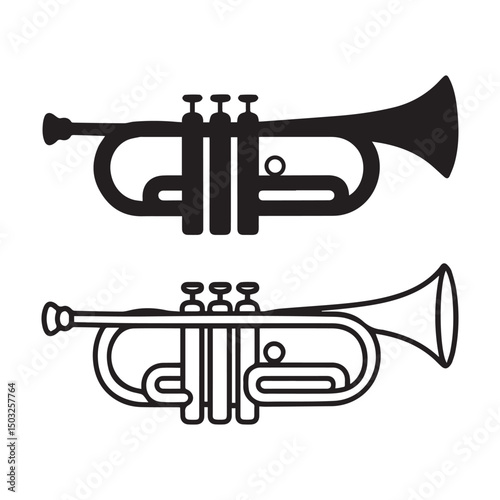 Trumpet Vector Silhouette and Outline for Jazz, Orchestra, and Music Design Projects