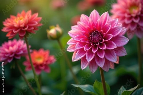 Intricate dahlia blooms, vibrant petals, lush garden setting, autumn, fall