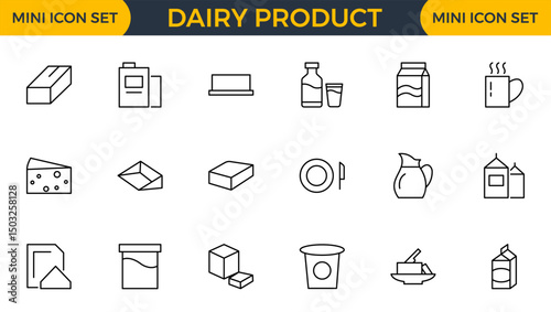 Dairy product icon set. Food, drink, ice cream, milk, cold, farm, sweet, cheese, butter line icon set collection. Outline icon pack.