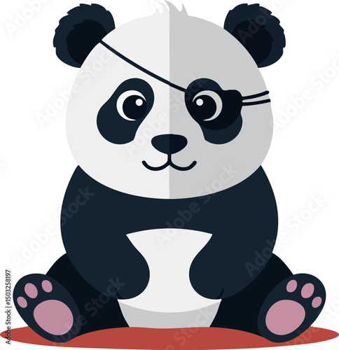 Cute panda bear with eye patch sitting on red mat vector illustration 