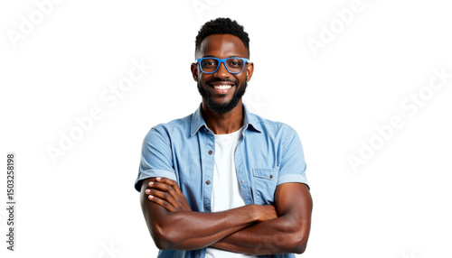 Smiling Black Man in Blue Shirt and Glasses