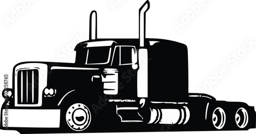 Black and white vector of a vintage-style semi truck with sleeper cab, side view on white background