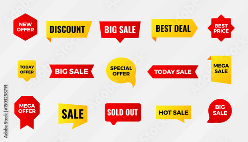 Sale tags collection. Special offer, big sale, discount, best price, mega sale banner set. Shop or online shopping. Sticker, badge, coupon store Vector Illustration