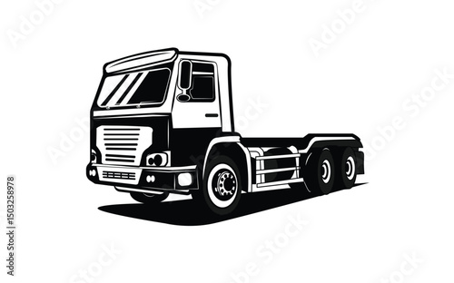 Black and white vector of a vintage cab-over-engine truck, angled front-side view on white background