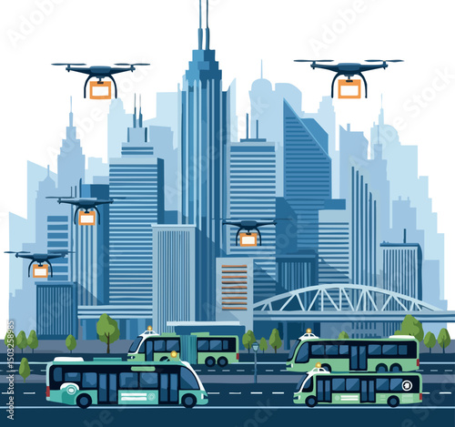 Drones delivering packages over city skyline with buses on road urban transport and technology scene 
