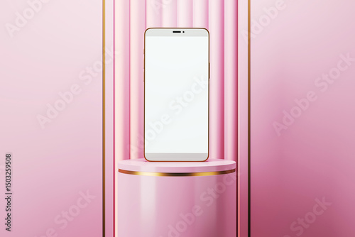Modern smartphone with blank screen on pink podium against striped background for product branding or display presentation template. 3D Rendering photo