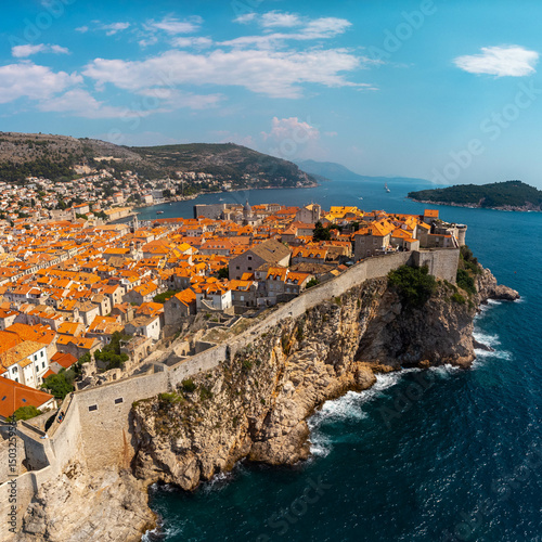 Aerial view of the coastal city of Dubrovnik. Tourist attraction of the historic city along the coast of Croatia in the Adriatic Sea