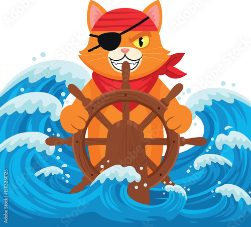 Pirate cat steering ship wheel in ocean waves cartoon vector illustration 
