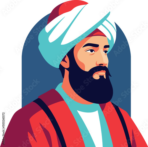 Bearded man with turban and traditional clothing vector portrait illustration in red and blue colors 