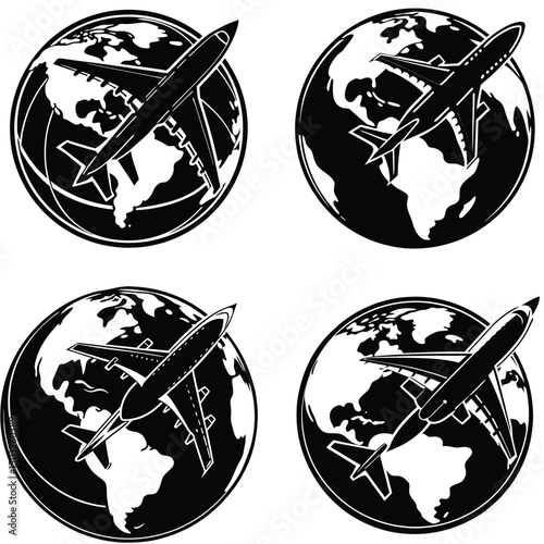Airplane Flying Around The World Globes In Black And White Vector Illustration Set