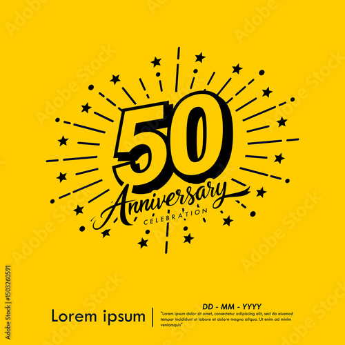 50th years anniversary celebration emblem. congratulations anniversary logo isolated with ribbon and starburst on yellow background. vector illustration template design