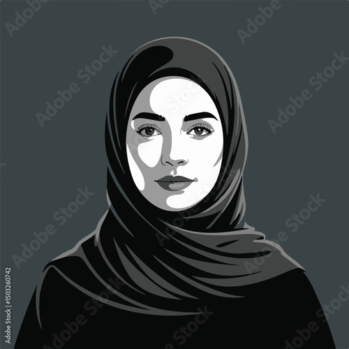 A beautiful young woman wearing hijab in monochrome artistic portrait illustration