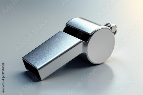 Silver metal whistle, gleaming surface, sharp detail , shrill, tool, equipment