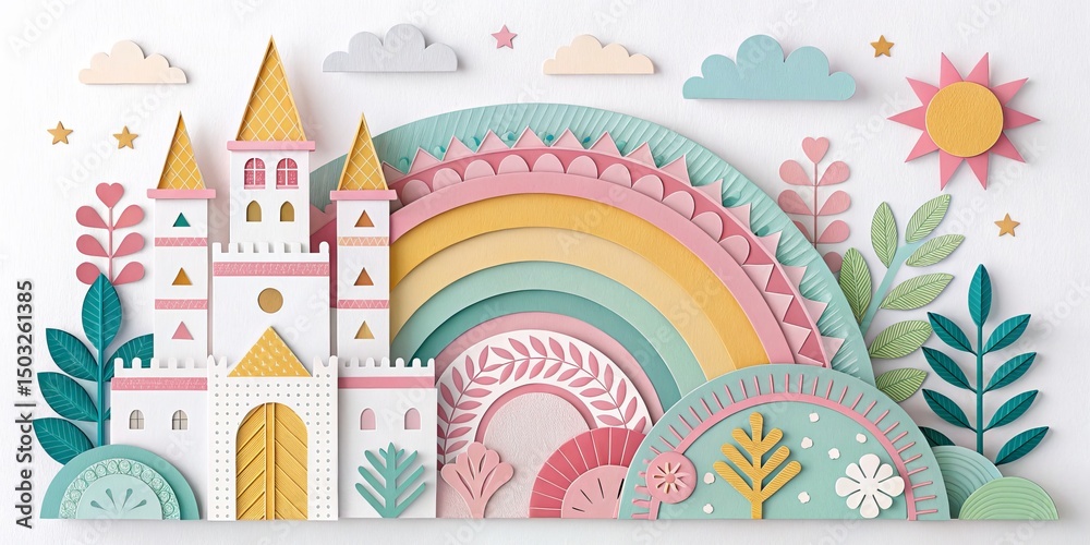 Pastel Castle and Rainbow Papercut Art Whimsical Dreamscape, Fairy tale, Nursery decor Pastel Castle and Rainbow Papercut Art Whimsical Dreamscape, Fairy tale, Nursery decor
