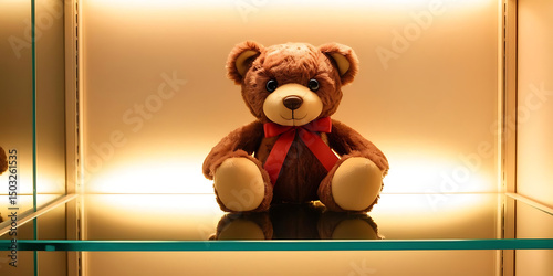 Brown Teddy Bear with Red Ribbon on Glass Shelf

