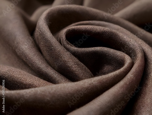 Luxurious Swirls of Taupe Fabric: A close-up shot of flowing taupe fabric, its soft folds and gentle curves creating a mesmerizing display of texture and form, exuding elegance.