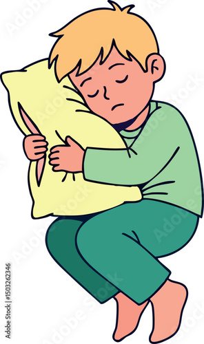 Sleeping child hugging yellow pillow in green pajamas peaceful rest vector illustration 