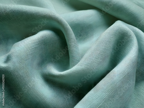 Abstract Texture of Pale Green Linen Fabric: Displaying a light pale green linen textile, gently folded and textured for designs.