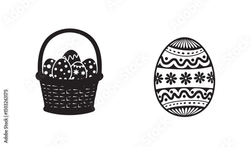 Black and white easter basket with decorated eggs and a single patterned egg illustration