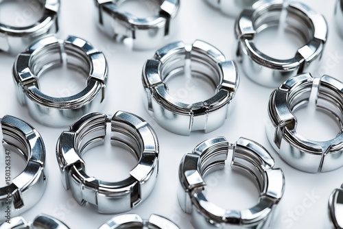 Hose clamps in various sizes on white, stainless bands with tightening mechanisms coiled neatly, shiny finish and layout highlight functional quality.