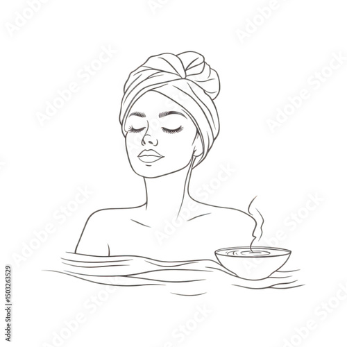 Line art of woman with towel and tea cup in water, spa concept on isolate background