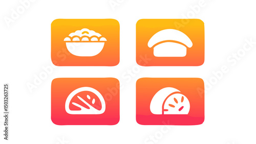 Food icons set rice bowl bread sushi watermelon