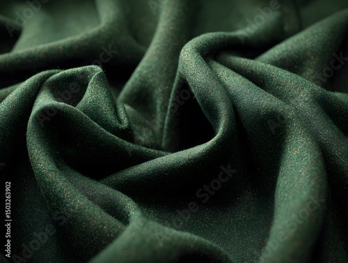 Dark Green Fabric Texture: Luxurious dark green fabric texture with soft folds and drapes, ideal for fashion design, textile industry, and interior design projects.