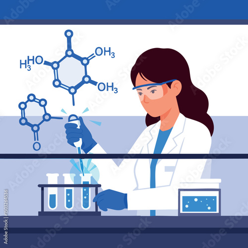 Female scientist conducting chemical experiment in laboratory with molecular structures vector illustration 