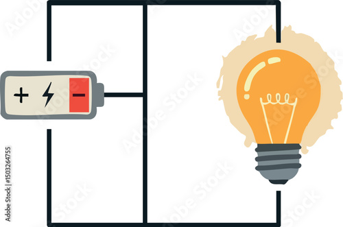 Battery and Light Bulb Simple Electrical Circuit Vector Illustration with Yellow Glow 