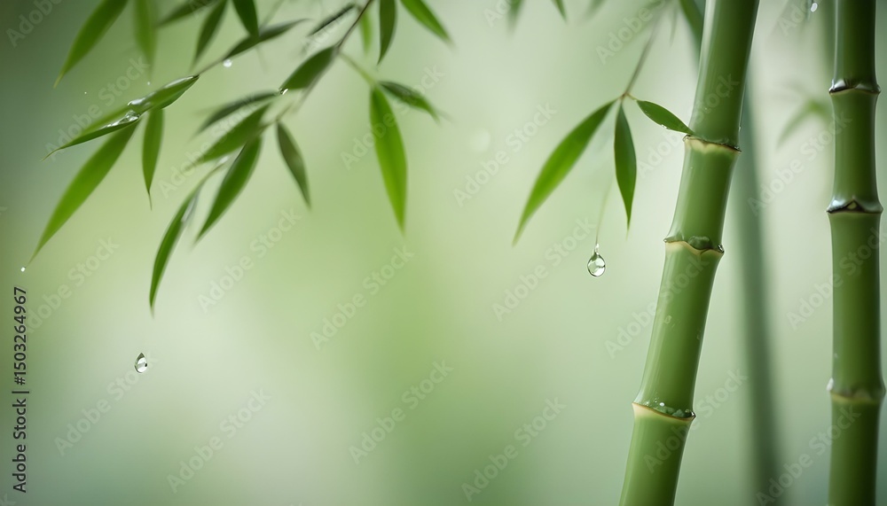 Naklejka premium Refreshing bamboo stems with water droplets hanging from its vibrant, green leaves.