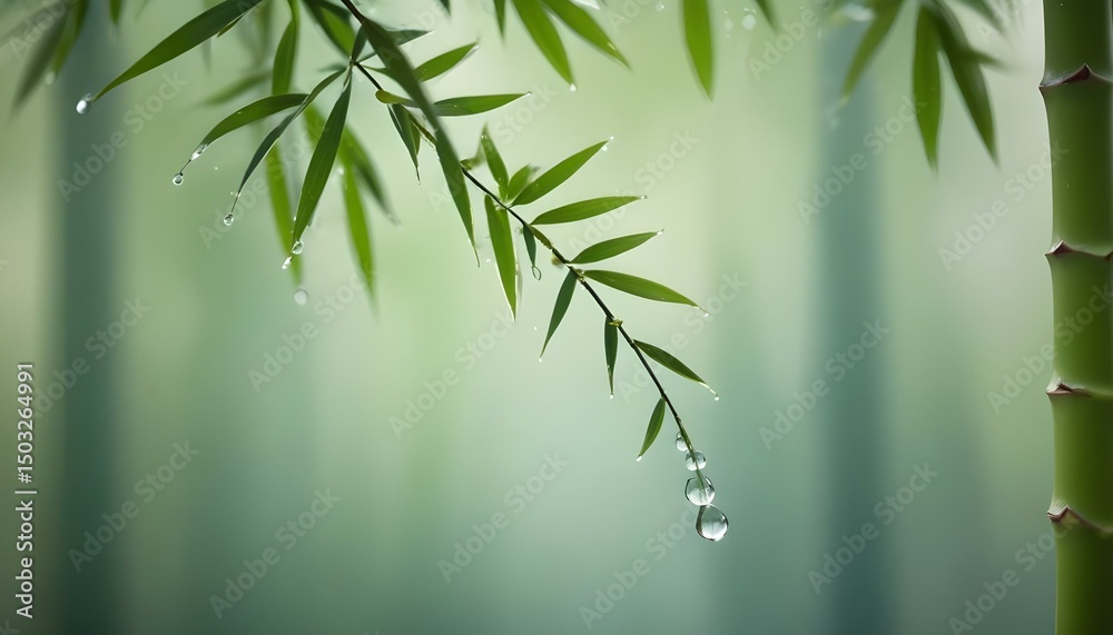Naklejka premium Bamboo leaves adorned with water droplets, illustrating natural freshness and tranquility in green.