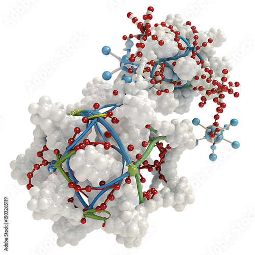 Detailed 3D rendering of complex protein molecule isolated on a transparent background