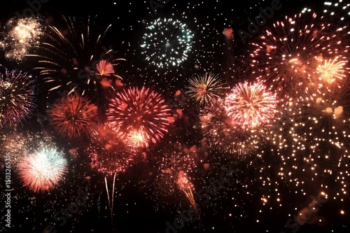 Night Sky Fireworks Display Multiple Explosions