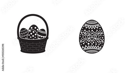 Monochrome easter elements featuring basket of eggs and decorative ornamented egg graphic