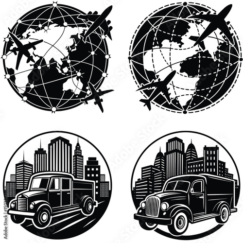 Global Air Transport And Urban Freight Delivery Black And White Vector Illustration