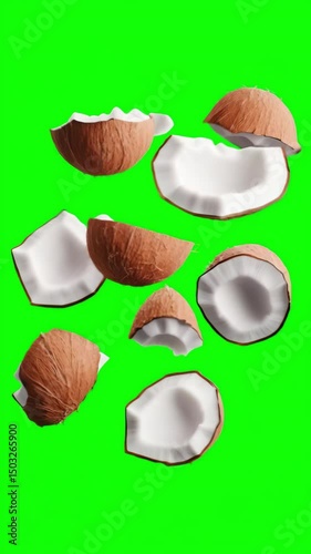 Splitting coconuts with bright green background creates dynamic visual experience