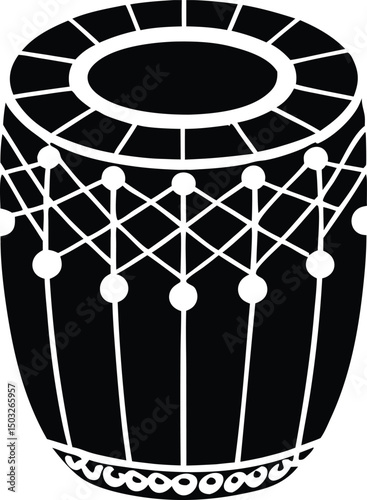 Black and White Illustration of a Traditional Dhol Drum