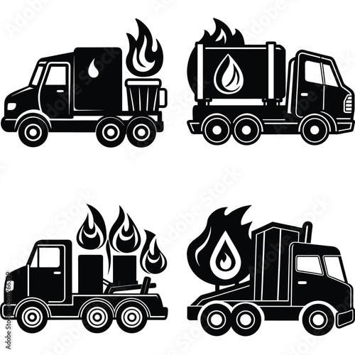 Vector Graphic Set Of Burning Oil Truck Vehicles In Black And White