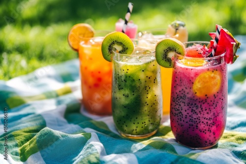 Refreshing colorful tropical fruit drinks on picnic blanket in sunshine