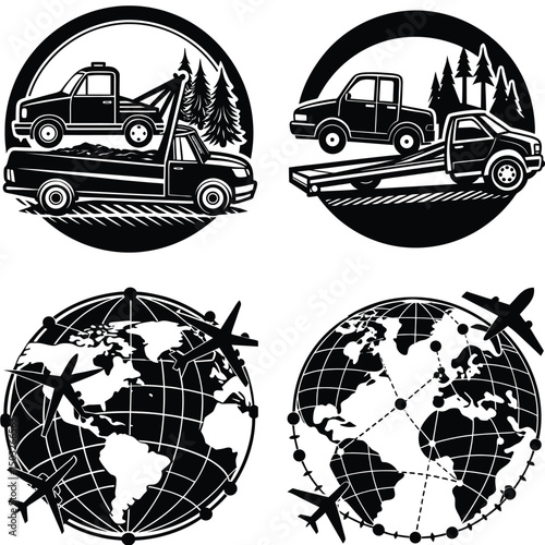 Car Towing And Global Flight Routes Vector Illustration Set In Black And White