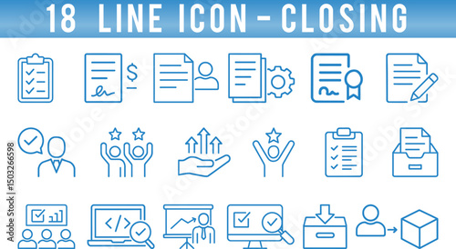 Collection of line icons representing various closing processes in business