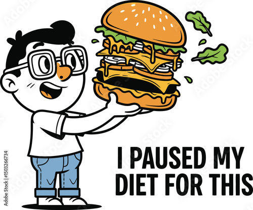 Funny Cartoon Character Paused Diet for Huge Burger