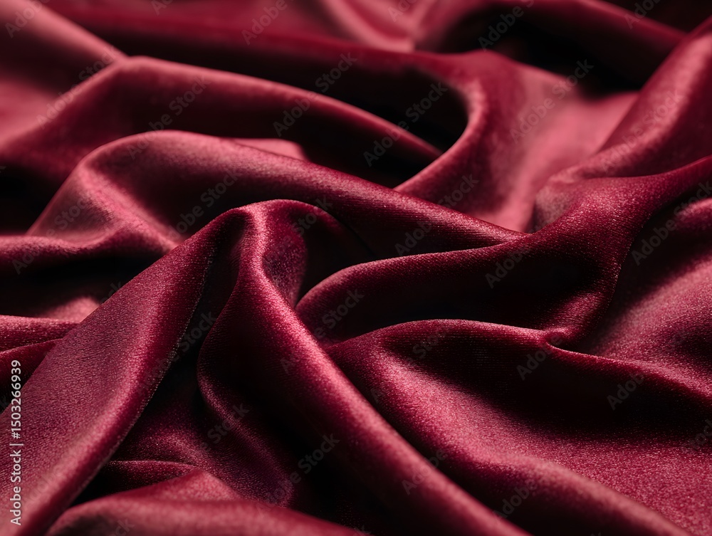  Luxurious Velvet: a close-up captures the soft, flowing texture of deep red velvet, evoking feelings of opulence and refinement, inviting the viewer to appreciate the rich folds and subtle shadows.