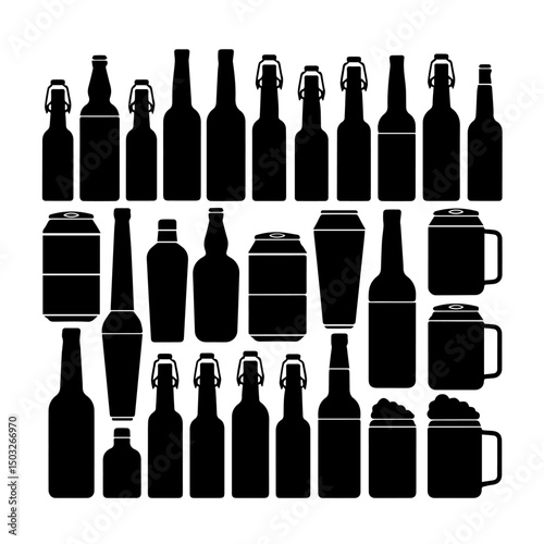 Silhouettes of various beer bottles, cans, and mugs arranged in rows on a white background, showcasing a diverse collection of drink containers in a minimal, graphic style.