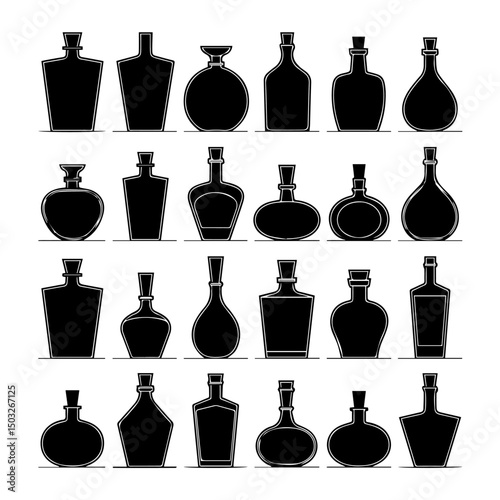 Silhouettes of various beer bottles, cans, and mugs arranged in rows on a white background, showcasing a diverse collection of drink containers in a minimal, graphic style.