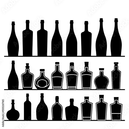 Silhouettes of various beer bottles, cans, and mugs arranged in rows on a white background, showcasing a diverse collection of drink containers in a minimal, graphic style.