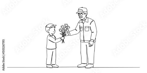 Continuous one line drawing of a little boy giving flowers to an old man wearing work uniform, representing love and appreciation on Labor Day, labor day, line art style vector illustration.