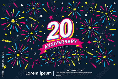 20th years anniversary celebration emblem. congratulations anniversary logo isolated with colorful fireworks and stars sparkle and ribbon. vector illustration template design	
